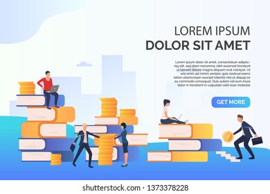 Education presentation slide template. People standing among stacks of books and coins. Course concept. Vector illustration can be used for topics like self education, career achievement, business