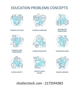 Bildungsproblem Türkis Konzept Symbole gesetzt. Schüler haben Probleme. Bildungsherausforderungen stellen sich feine Farbillustrationen vor. Isolierte Symbole. Bearbeitbarer Strich. Verwendung von Roboter-Medium, Myriad Pro-Fett-Schriftarten