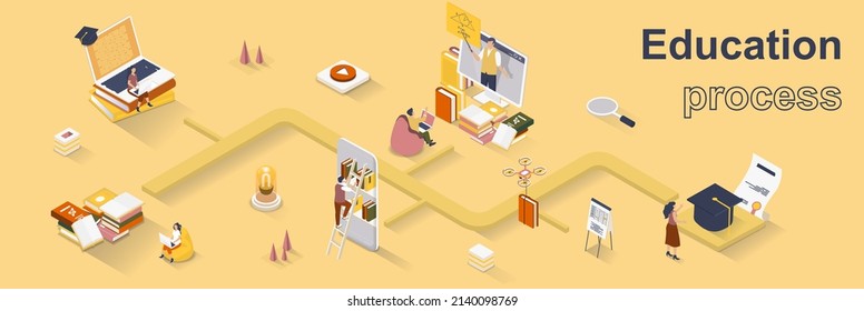 Education process concept 3d isometric web banner. People learning, reading books, study online, graduate from university with diplomas. Vector illustration for landing page and web template design