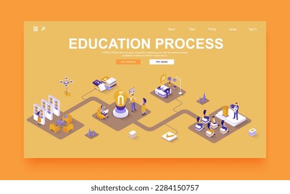 Education process concept 3d isometric landing page template. People studying, attend classes and library, discuss with students, graduation. Vector illustration in isometry graphic design.