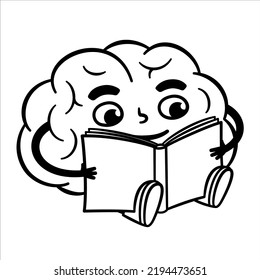 Education process concept illustration: cute cartoon brain character reading a book