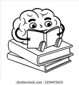 Education process concept illustration: cute cartoon brain character reading a book, sitting on a stack of books