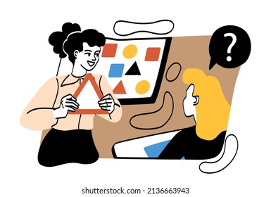 Education process in drive. Girl holding card with road sign. Character taking test or examination. Memory check, important information. Teacher and student in class. Cartoon flat vector illustration