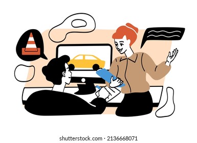 Education process in drive. Girl tells student rules of movement. Man and woman in classroom with monitor. Instruction, education, examination and oral testing. Cartoon flat vector illustration