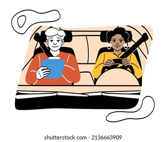 Education process in drive. Man with notepad in passenger seat. Instructor and student. Exam of rules of road. Transport and documents. Belted people, safety. Cartoon flat vector illustration