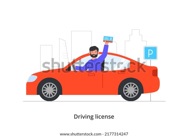 Education process in driving school. Bearded man
gets driver license or certificate and drives car around city.
Happy smiling character passes exam. Cartoon flat vector
illustration in doodle
style