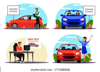 Education Process, Examination At Driving School. Man Woman Student Passing Training Lesson, Learning To Ride And Park On Car, Getting License After Drive And Online Test Exam. Learner Instructor Set