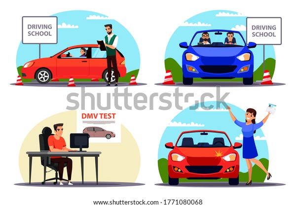 Education process, examination at driving school. Man\
woman student passing training lesson, learning to ride and park on\
car, getting license after drive and online test exam. Learner\
instructor set