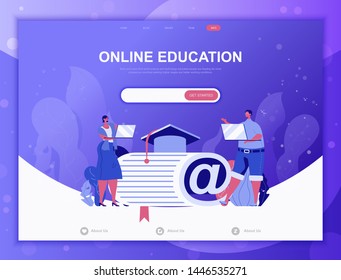 Education Process flat concept vector illustration template for website and mobile app development. Flat landing page template. Decorated cartoon people for web page or homepage.