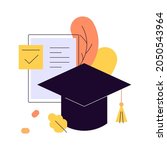 Education process. Graduation hat and autumn leaves. Modern flat illustration. Vector file.