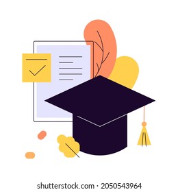 Education process. Graduation hat and autumn leaves. Modern flat illustration. Vector file.