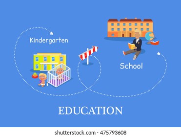 Education process from kindergarten to school. Two children with nipple play on the floor on the background of kindergarten. Schoolboy with book on the background of school building. Education concept