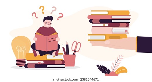 Proceso educativo y concepto de aprendizaje. Un estudiante pequeño leyendo libros. El profesor o el padre dan libros nuevos. Gusano de biblioteca, a un chico nerd le gusta leer. Descubrimiento, investigación y aprendizaje. ilustración vectorial