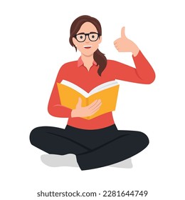 Proceso educativo y concepto de emociones positivas. Niña sonriente sentada en el suelo leyendo un libro mostrando el pulgar hacia arriba con los dedos. Ilustración vectorial plana aislada en fondo blanco