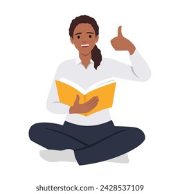 Proceso educativo y concepto de emociones positivas. Una niña estudiante sonriente sentada en el suelo leyendo un libro mostrando pulgares hacia arriba con los dedos. Ilustración vectorial plana aislada sobre fondo blanco