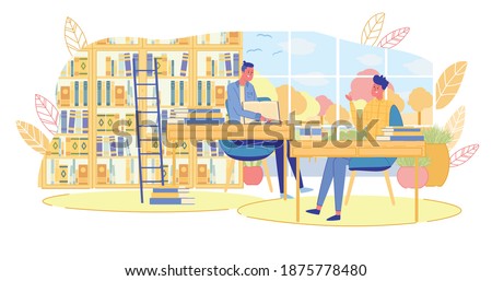 Education Process in School, College or University Library. Young Man Student Studying Sitting at Table in Reading Room. Communication and Support. Consultation and Help. Vector Illustration