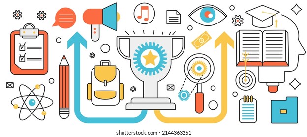 Education process, science technology and symbols. Abstract megaphone creative advertisement, information analysis from paper documents, books in infographic concept banner, thin line art design
