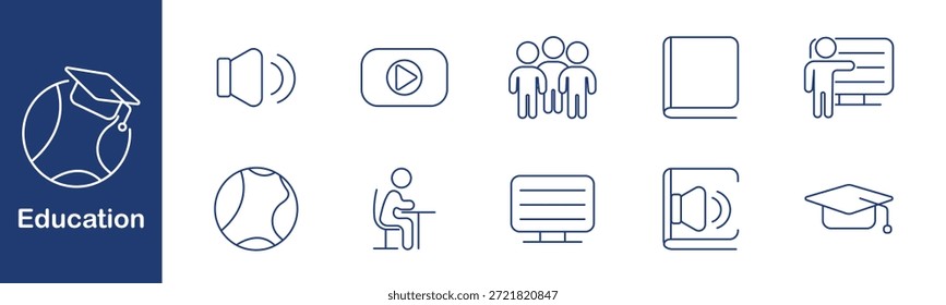 Bildungsprozess-Set-Symbol. Ton, Video, Gruppe, Buch, Lehrer, Globus, Schüler, Schreibtisch, Brett, Mütze. Lernen, Fach, Kommunikation, System, Audio, Medien, Training, Klassenzimmer, Lautsprecher, Klasse.