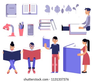Education process set. Male and female flat cartoon characters with open books reading and studying isolated on white background - students and school supplies in vector illustration.