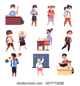 Education process and studies at schools, colleges and universities during coronavirus outbreak. Pupils wearing protective medical masks, health care and recommendations. Vector in flat style
