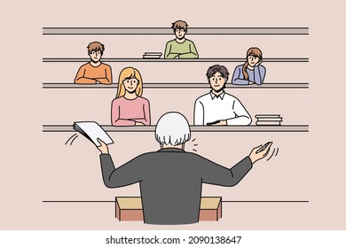 Education process and university concept. Grey haired professor standing backwards and making lecture presentation for young students in class vector illustration 