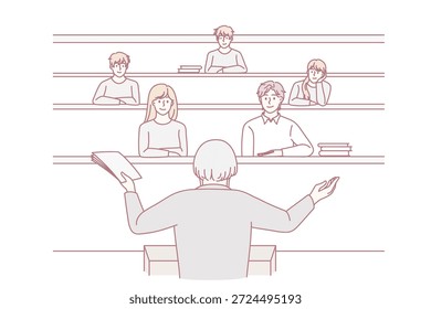 Proceso de Educación y concepto universitario. Profesor de cabello gris de pie hacia atrás y haciendo una presentación de conferencia para jóvenes estudiantes en la Ilustración vectorial de clase