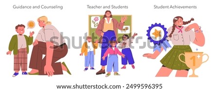 Education profession set. A teacher's various roles from providing guidance to celebrating student successes. Classroom interaction, counseling, achievement recognition. Vector illustration.