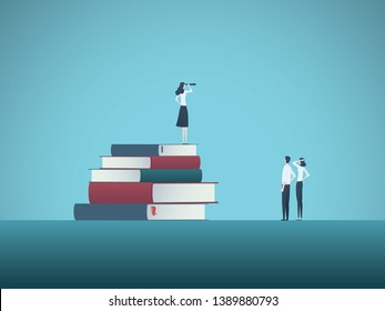 Education and professional career future vector concept with student on top of books with telescope. Symbol of knowledge, business, learning, studying and research. Eps10 illustration.
