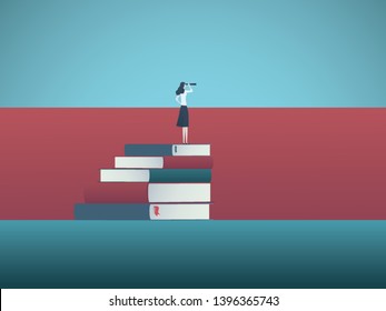 Education and professional career future vector concept with student on top of books with telescope look over wall. Symbol of knowledge, business, learning, studying and research. Eps10 illustration