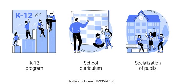 Conjunto de ilustraciones vectoriales de concepto abstracto del programa de educación. Programa K-12, currículum escolar, socialización de alumnos, escuela pública, calendario de aprendizaje, curso académico, juntos metáfora abstracta.