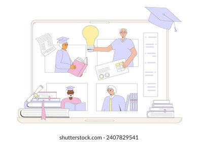 Education program for the elderly. Creative writing course. Senior aged people learning online. Retirement intellectual and social activity for reskilling. Vector flat illustration.