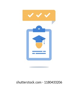 Education program, graduation hat and clipboard, check knowledge, exam preparation, training coarse enrollment, scholarship concept, vector icon