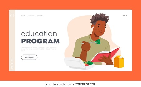 Education Program Landing Page Template. Student Male Character Seated At Table Eating Lunch with Book in Hands. Concept of Scholarly And Studious Atmosphere. Cartoon People Vector Illustration