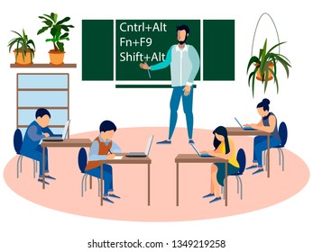 Education programmers, computer science lesson. Children at school. In minimalist style Cartoon flat Vector Illustration