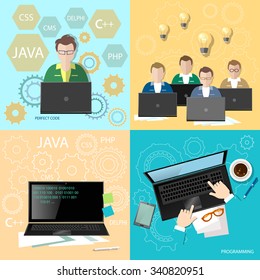 Education programmers group students learning code development team programming binary code creation of sites and programs flat set 