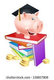 An education provision financial concept of a piggy bank in a mortar board academic cap standing on a stack of books with gold coins. 