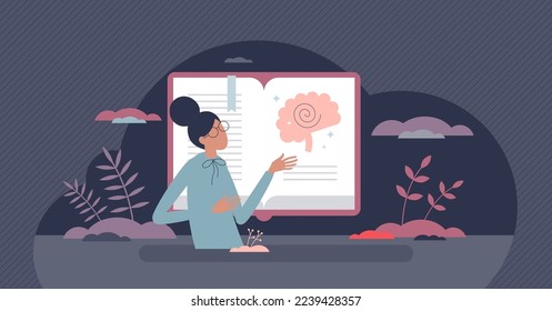 Education in psychology and mental health learning tiny person concept. Scientific mind research or medical neurology content reading for psychologist or psychotherapist occupation vector illustration