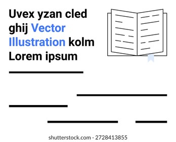 Education, publishing, digital content, graphic editing, layouts, templates. Open book graphic with placeholder text and blue banner. Education and publishing concept
