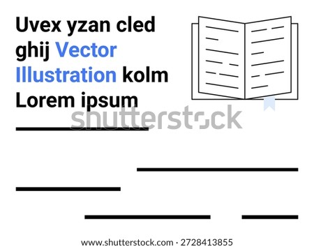 Education, publishing, digital content, graphic editing, layouts, templates. Open book graphic with placeholder text and blue banner. Education and publishing concept