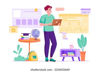 Education purple concept with people scene in the flat cartoon design. Student prepare his digital gadgets and books for online lesson. Vector illustration.