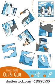 Education puzzle game for children, Penguin family. Use scissors and glue to create the image.