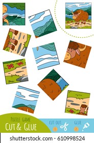 Education puzzle game for children, Yak. Use scissors and glue to create the image.