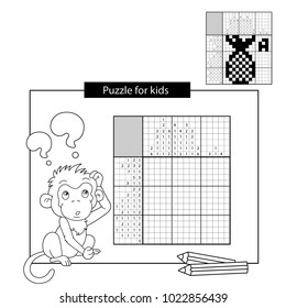 Education Puzzle Game for school Children. Ananas. Black and white japanese crossword with answer. Nonogram with answer. Graphic crossword. Coloring Page Outline Of monkey. Coloring book for kids