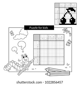 Education Puzzle Game for school Children. Cherry. Black and white japanese crossword with answer. Nonogram. Coloring Page Outline Of caterpillar with pencil. Coloring book for kids