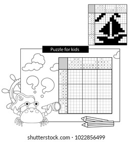 Education Puzzle Game for school Children. Ship. Black and white japanese crossword with answer. Nonogram with answer. Graphic crossword. Coloring Page Outline Of sea crab. Coloring book for kids.