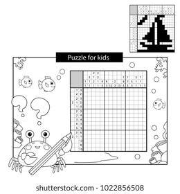 Education Puzzle Game for school Children. Ship. Black and white japanese crossword with answer. Nonogram with answer. Graphic crossword. Coloring Page Outline Of sea crab. Coloring book for kids.
