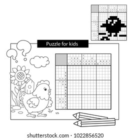 Education Puzzle Game for school Children. Chick with worm. Black and white japanese crossword with answer. Nonogram. Graphic crossword. Coloring Page Outline Of chicken. Coloring book for kids