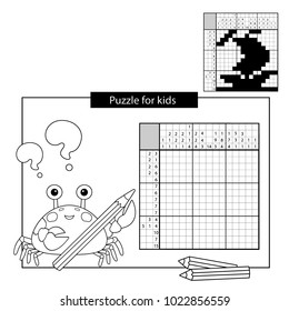 Education Puzzle Game for school Children. Ship. Black and white japanese crossword with answer. Nonogram with answer. Graphic crossword. Coloring Page Outline Of sea crab. Coloring book for kids