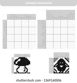 Education Puzzle Game for school Children. Mushroom and bird. Black and white japanese crossword with answer. Nonogram. Coloring book for kids