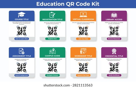 Education qr code kit set with modern colorful templates for school, university, online learning, course registration, library access, and campus navigation